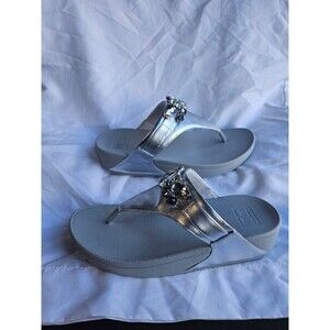 FITFLOP NIB LULU JEWEL DELUXE LEATHER TOE POST THONG SANDALS  SILVER SIZE 9